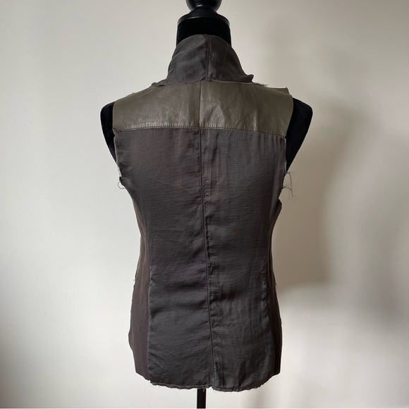 Jackett…etc Green Leather Brown Ribbed Cotton Panel Chiffon Drape Vest Size XS - Picture 3 of 9
